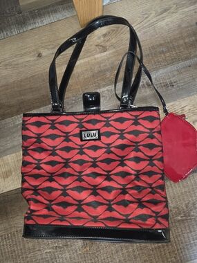Lulu Guinness Red & Black Lip-Print Tote with Patent Trim